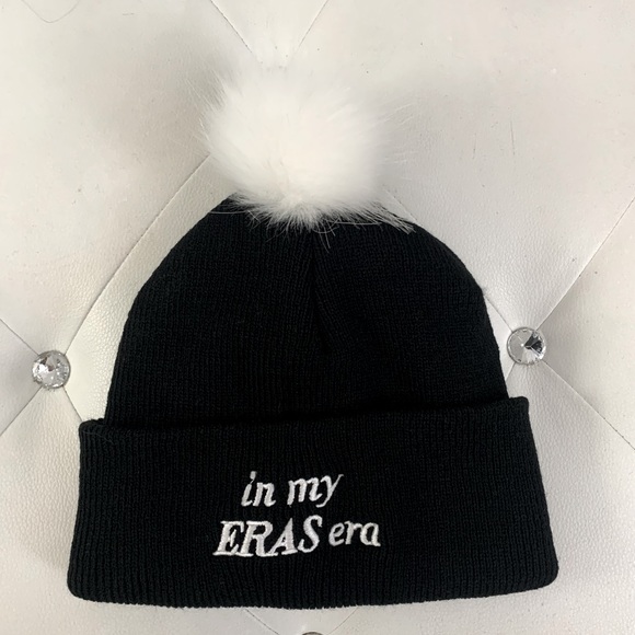 NEW Taylor Swift ERAS Unbranded Embroidered Knit Hat Black/Fuzzy White PomPom - Picture 4 of 5
